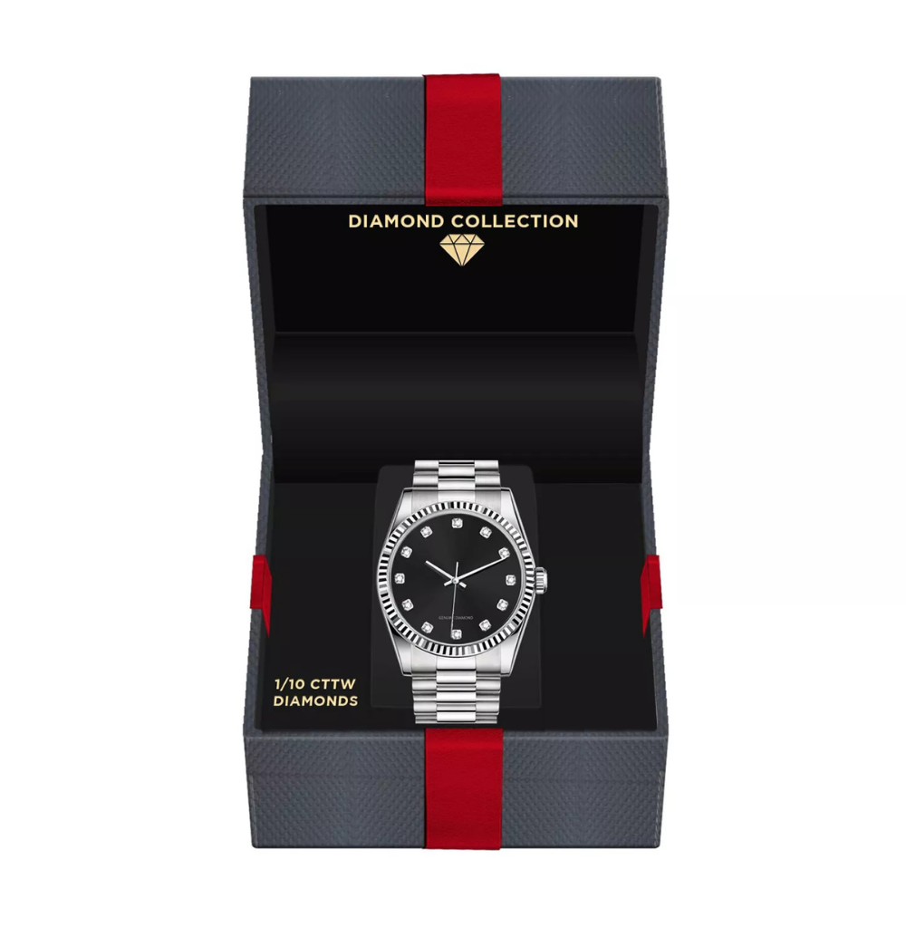 American Exchange Men's 1 / 10 Ct. Diamond Accent Silver-Tone Stainless Steel Bracelet Watch