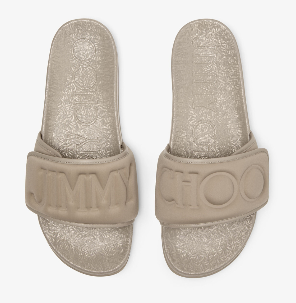 Jimmy Choo Fitz/M Taupe Puffed Logo Lyca Slides