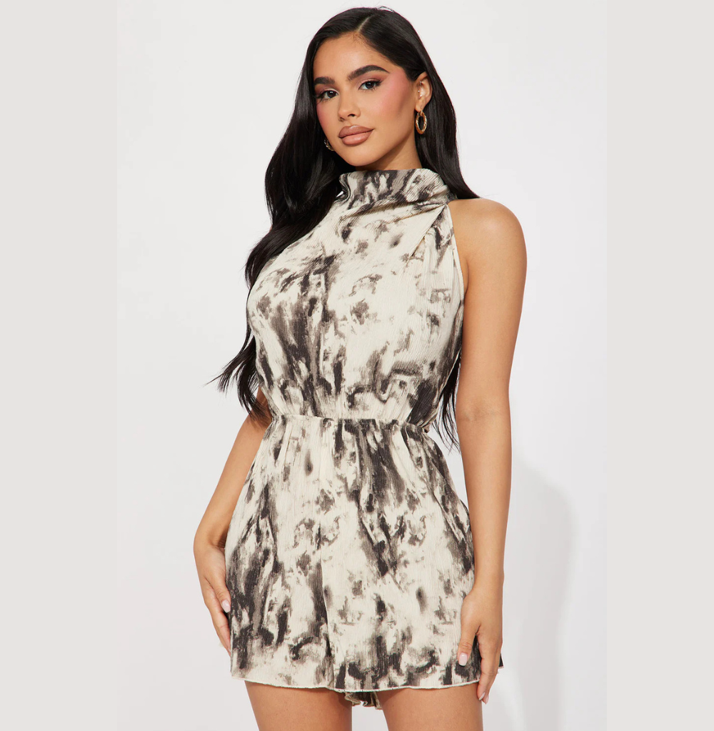 Fashion Nova Avani Plisse Romper - Taupe/combo