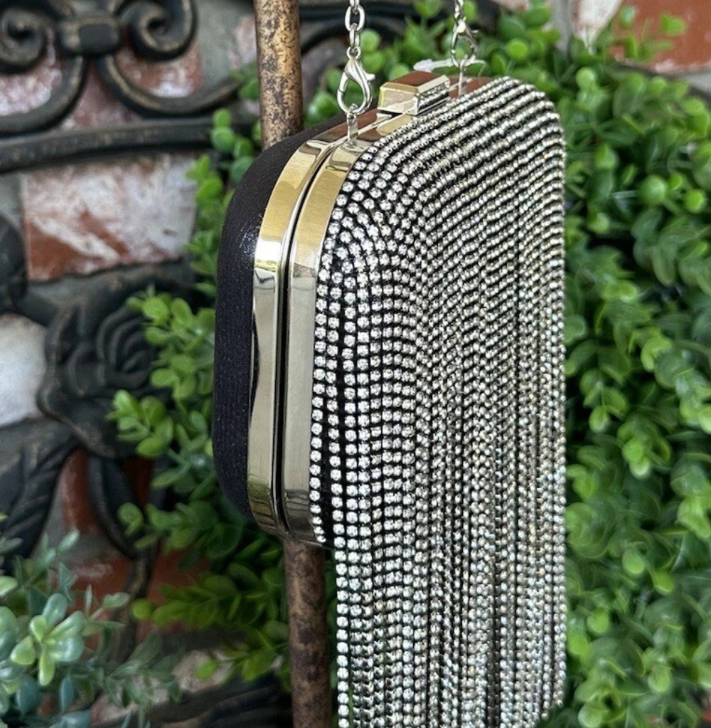 Rhinestone Drop Fringe Handbag, Black