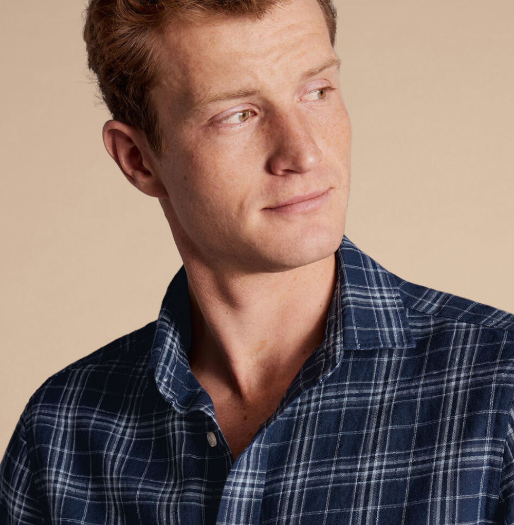 Charles Tyrwhitt Pure Linen Check Shirt - French Blue Classic Fit